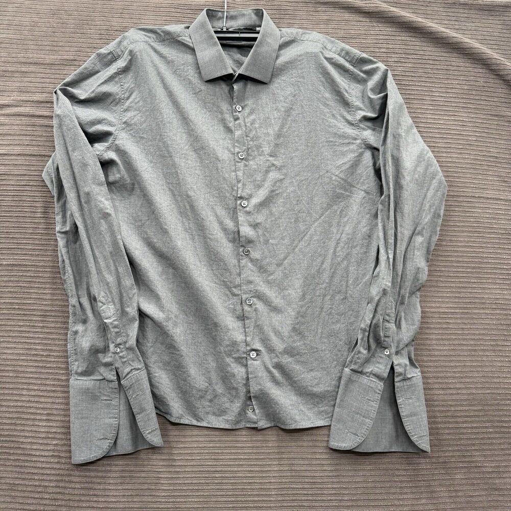 John Varvatos Shirt Men 17 36/37 Gray Trim Fit Office Designer Preppy Party.‎